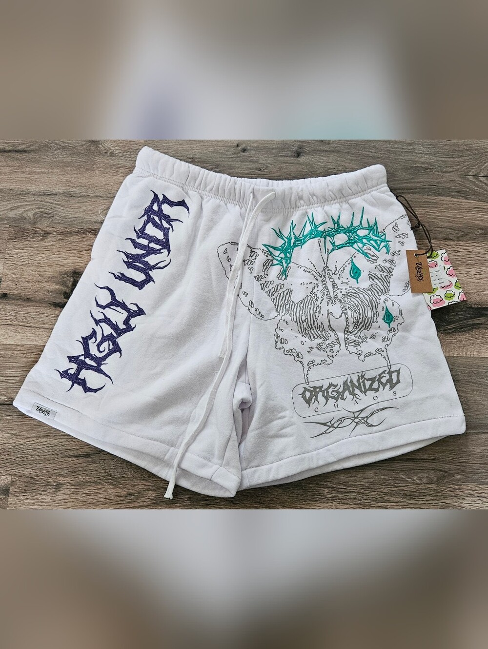 White Graphic Athletic Shorts with Teal & Purple Accents